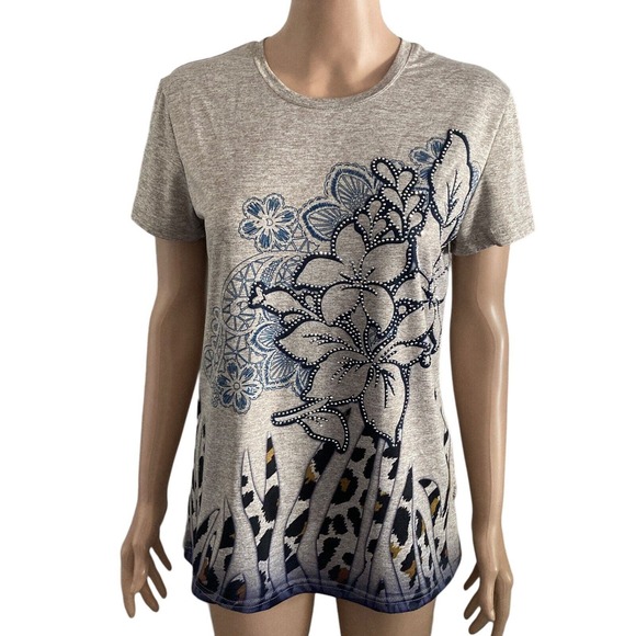 Todays Designer Tshirt Womens Small Floral Beaded Stretch Bling Gray Blue - Picture 10 of 10